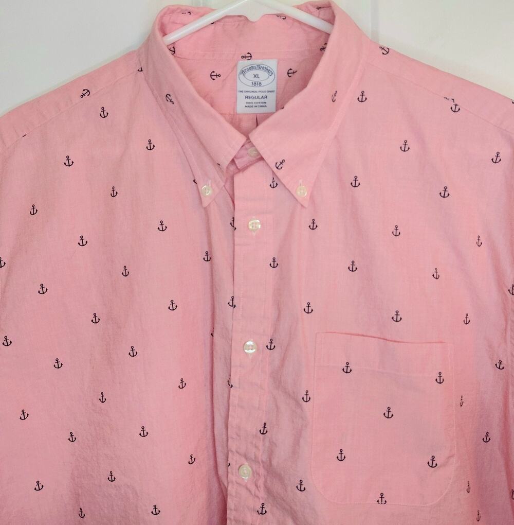 Brooks Brothers 1818 Mens XL Pink Anchor Print Cotton Button Down Shirt Nautical